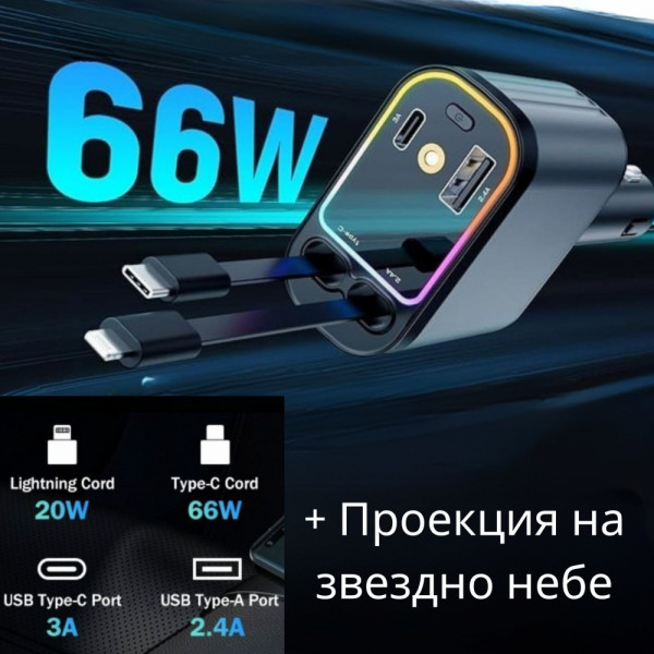 Автомобилно Зарядно 4-в-1 Starry Sky– 66W Бързо Зареждане, 80 см. кабели, USB- C, A, Iphone, със светлинен ефект звездно небе