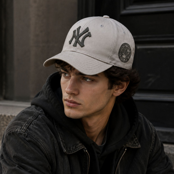 Бейзболна шапка NY: New York YANKEES MLB, пясъчно бежаво, маслено зелено лого, 100% памук, унисекс