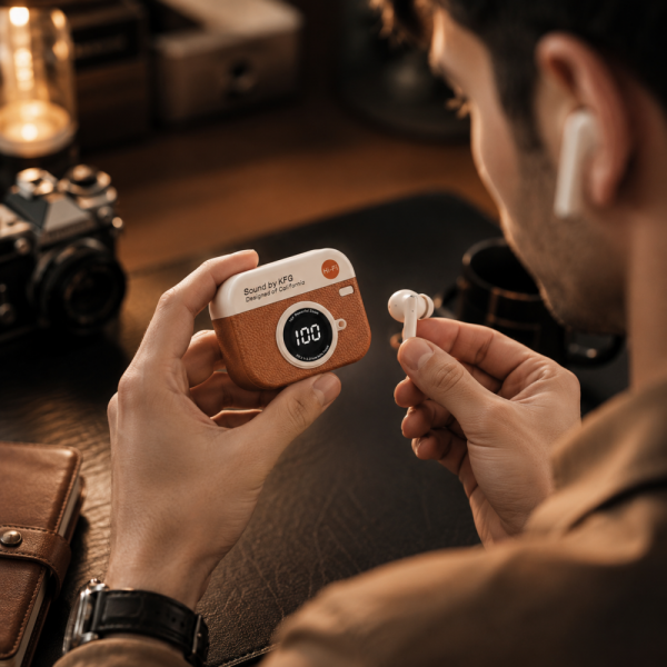 Дизайнерски Bluetooth слушалки NOSTALGIA  с винтидж кейс фотоапарат с дисплей