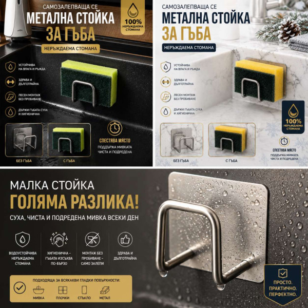 Удобна метална поставка за гъба в кухненската мивка, самозалепваща, неръждаема алпака