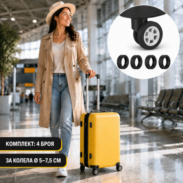 Комплект 4 бр. протектори за колела на куфари и сакове с теглич, шумоизолиращи, лесно поставяне и сваляне, за колела с диаметър Ø 5–7,5 см