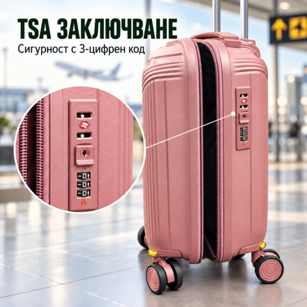 Висок клас куфар ръчен багаж TRANSIT 16″ ROSE, ПОЛИПРОПИЛЕН с TSA заключване и 4 двойни свалящи се колела. 40/28/20 см