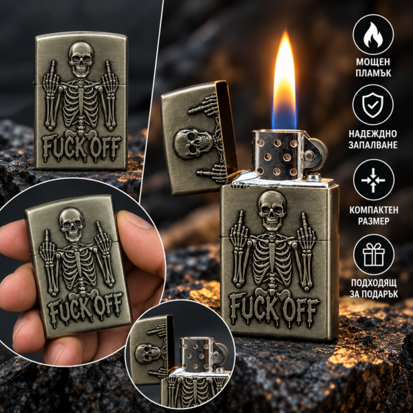 Класна метална запалка FUCK OFF SKULL,  класически дизайн, на газ с камъче и подаръчна кутия