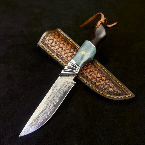 Немски ловен нож DER HUNT 869 Damsakus DRAGON, стомана VG10 67 слоя, опал и махагон, кожена кания