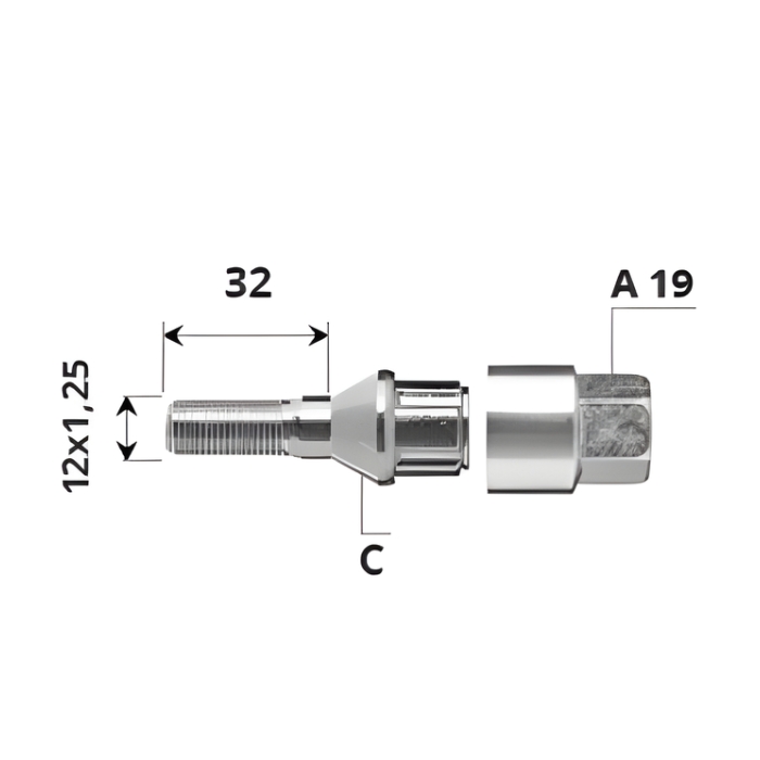 Външен секретен болт 12x1.25x32/C/A19 комплект